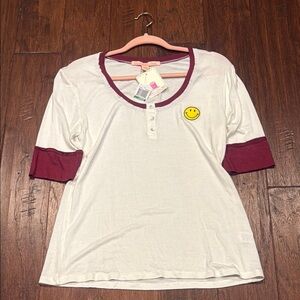 NWT! Large Rebellious One White and Burgundy Henley with Smiley Patch